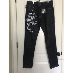 NO COUNTRY Men's Floral Print Blue Jeans Zip & Button Straight Fit Size 34